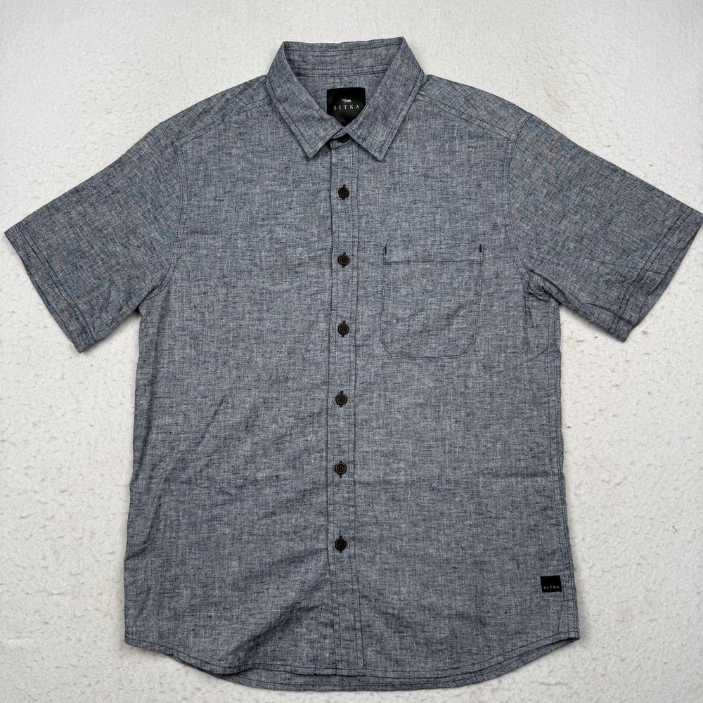 Sitka Shirt Mens Medium Blue Chambray Short Sleeve Button Up Hemp Stretch Casual